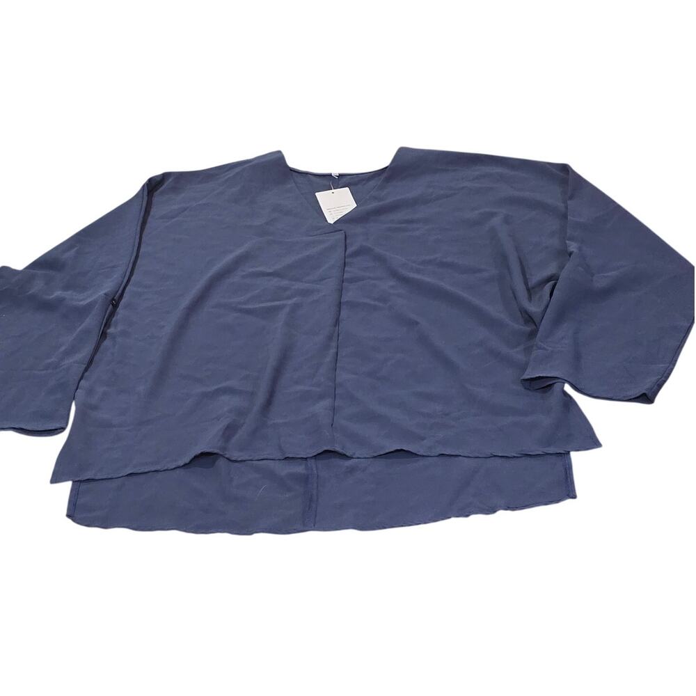 Minimalist Navy Blue V-Neck Roll Tab Long Sleeve Tunic Blouse Business Casual - Picture 9 of 9